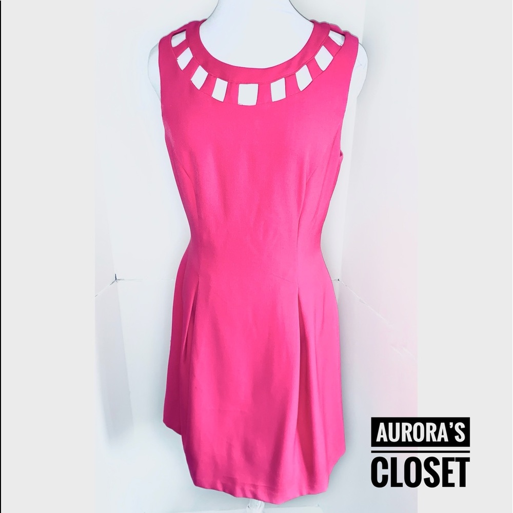 Eliza J 10 Hot Pink Sheath Dress Cutout Neck Cage Pleated Knee Sleeveless